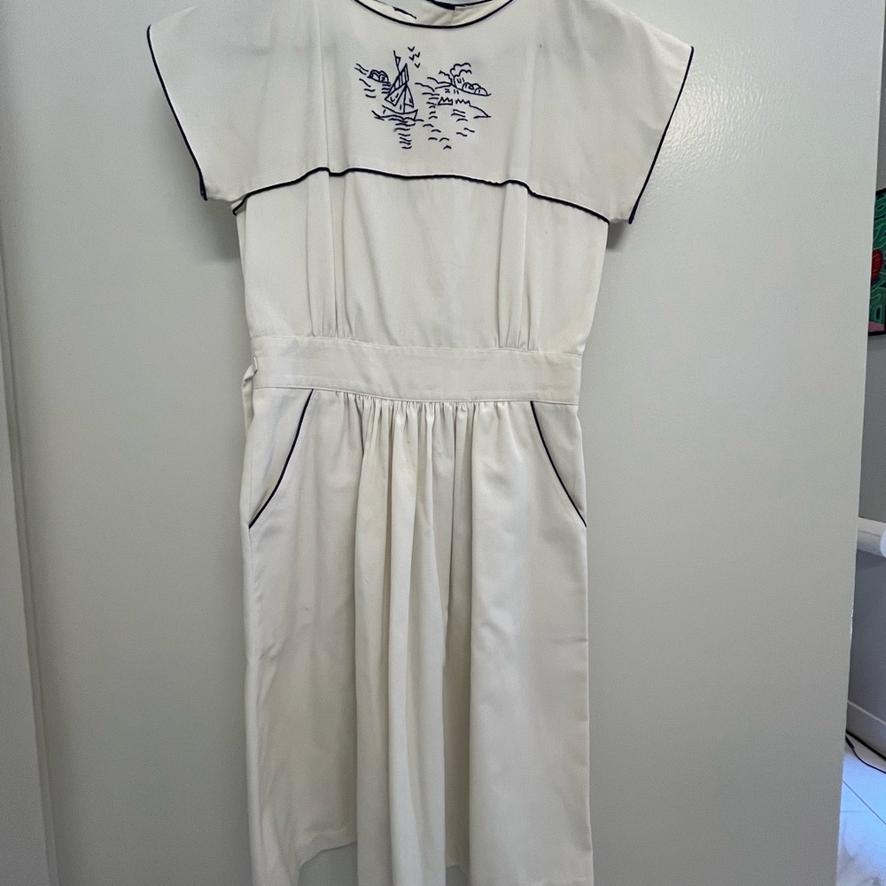 Vintage White and Navy Summer  Dress with Embroidered Detail